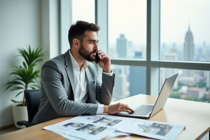 Consultant immobilier en bureau moderne analysant des dossiers de projet immobilier