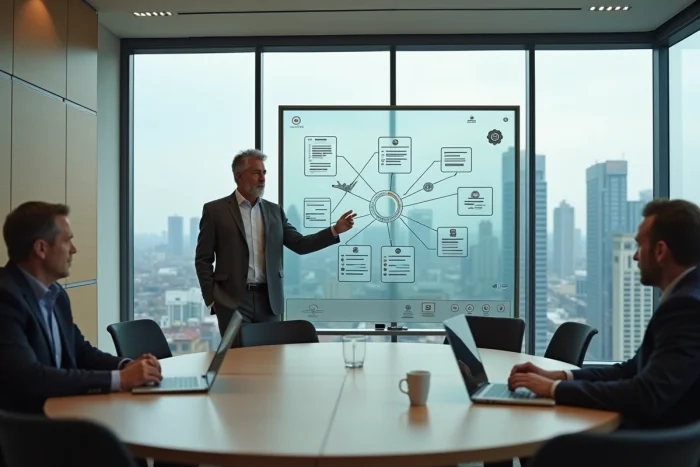 Consultant IT présentant une architecture de solutions informatiques personnalisées lors d'une réunion d'équipe en entreprise