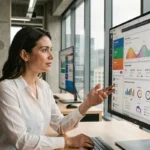 Consultante en agence digitale analysant des tableaux de bord de visibilité en ligne sur un grand écran dans un espace de travail moderne