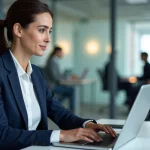 Employée de bureau consultant sa fiche de paie en ligne sur un portail RH via un ordinateur portable dans un open space professionnel