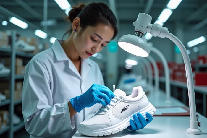 Contrôleuse qualité inspectant une paire de chaussures Skechers finies dans une salle de contrôle de l'usine de production