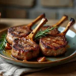 Côtelettes d'agneau grillées dorées servies sur une assiette en céramique rustique avec romarin frais et ail rôti