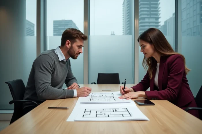 Couple consultant des plans de maison avec un notaire autour d'une table de réunion avec des documents officiels