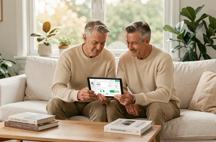 Couple consultant un tableau de bord de finances personnelles sur une tablette dans un salon moderne et lumineux