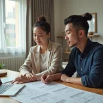 Couple examinant des plans immobiliers et documents de prêt sur une table en bois dans un appartement moderne