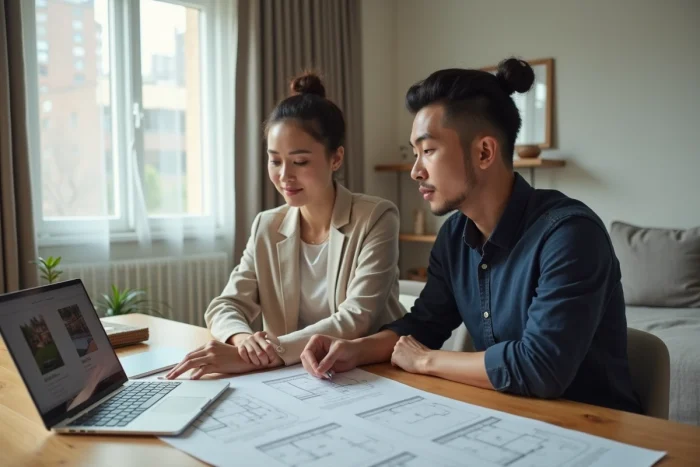 Couple examinant des plans immobiliers et documents de prêt sur une table en bois dans un appartement moderne