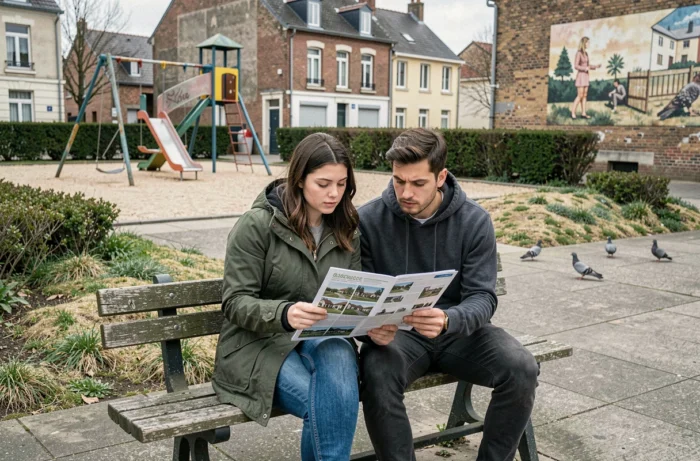 Jeune couple étudiant des annonces immobilières dans une place publique d'un quartier de Nantes à évaluer