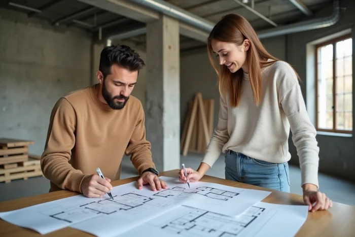 Couple consultant des plans d'architecture dans un appartement en cours de rénovation