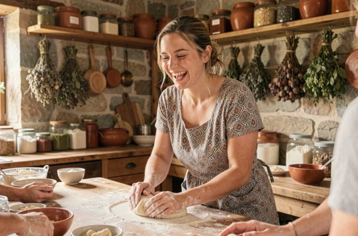 Jeune femme participant à un cours de cuisine locale dans une ferme lors d'un voyage, activité gastronomique authentique