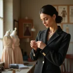 Créatrice de mode dans un atelier parisien tenant un collier en chaîne, vêtue d'une veste en tweed noir dans l'esprit Chanel