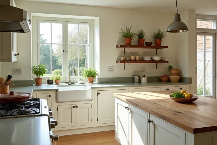 Cuisine de charme avec meubles blancs, étagères en bois et vue sur jardin dans une maison élégante