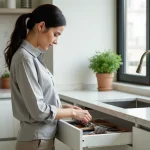 Femme aménageant une cuisine moderne équipée avec rangements et plan de travail en quartz