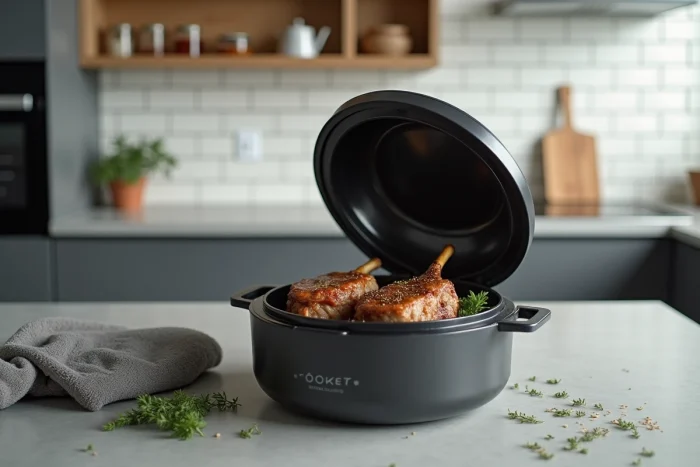 Côtelettes d'agneau en train de cuire dans un Cookeo ouvert sur un plan de travail de cuisine moderne