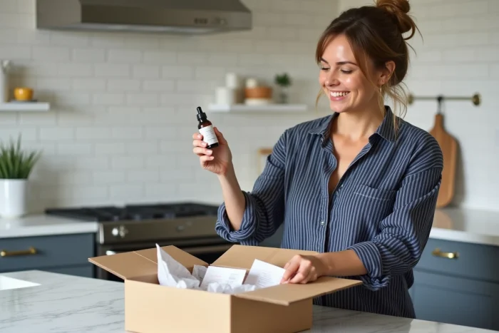 Femme découvrant sa commande de produits de beauté livrée à domicile dans sa cuisine moderne