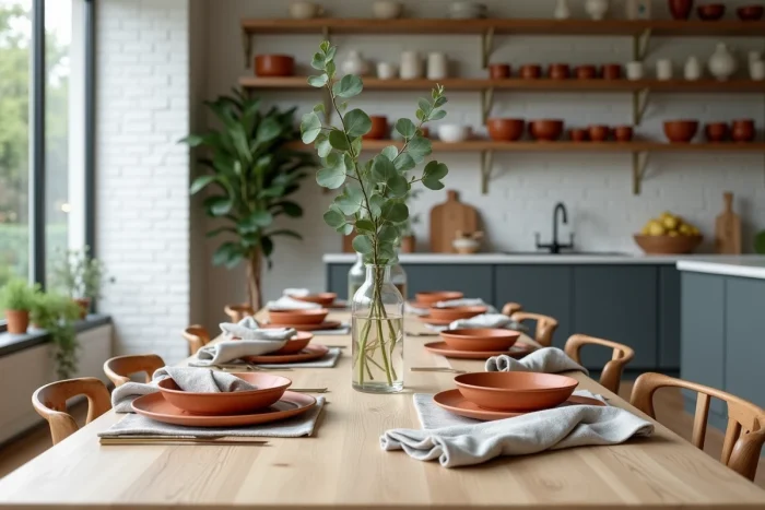 Table de salle à manger style ferme moderne avec vaisselle en céramique terracotta et décoration végétale dans une cuisine ouverte