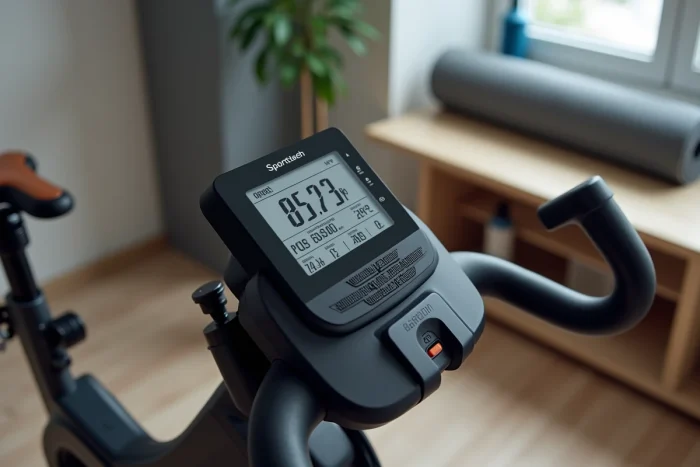 Gros plan sur le tableau de bord numérique et les poignées du Sportstech F-Bike X150
