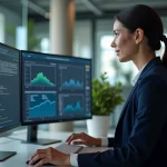 Développeuse informatique analysant des solutions logicielles sur mesure sur deux écrans dans un bureau moderne