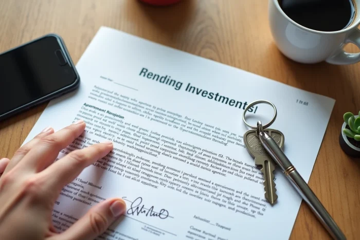 Documents de location immobilière, clés d'appartement et contrat de bail sur un bureau en bois symbolisant un investissement locatif