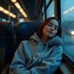 Jeune femme qui dort dans un bus Blablacar de nuit appuyée contre la fenêtre avec un coussin de voyage