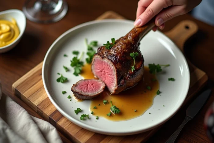 Mains en train de dresser une côtelette d'agneau rosé sur une assiette blanche lors d'un dîner à la maison