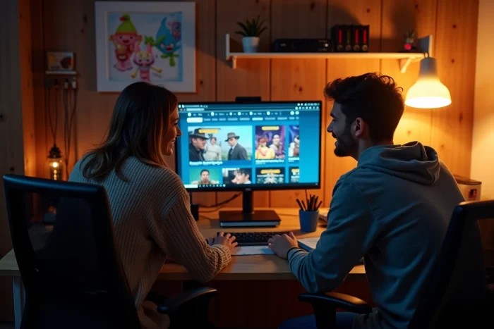 Deux personnes explorant ensemble un site de torrent français sur ordinateur de bureau