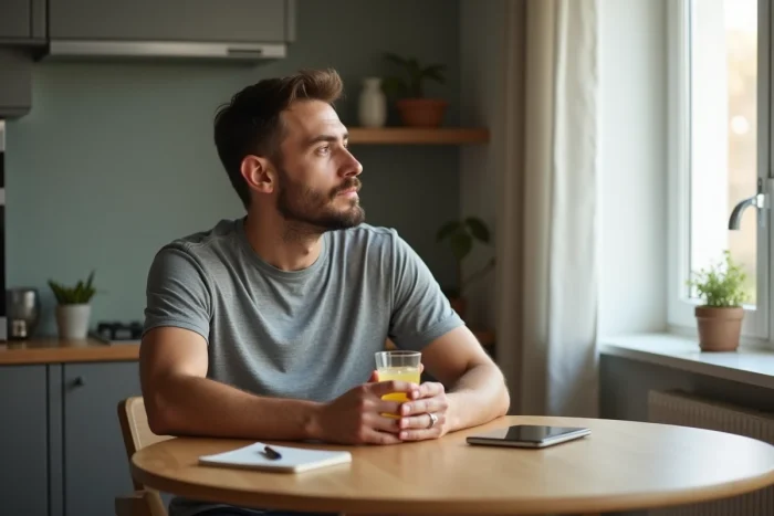 Homme tenant un verre d'eau citronnée le matin lors d'un jeûne intermittent dans un appartement minimaliste