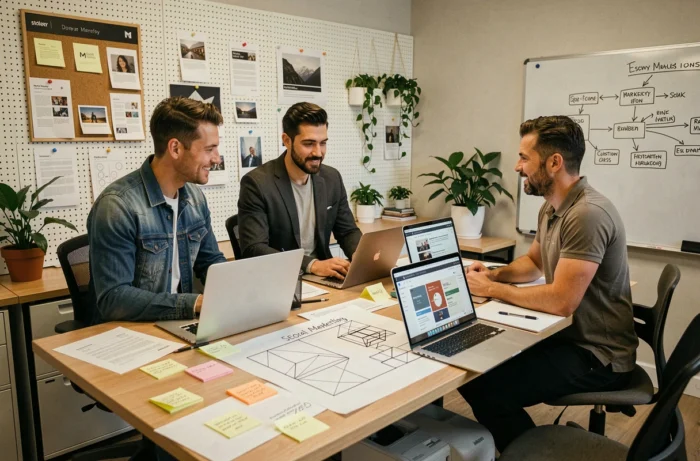 Équipe d'une agence digitale collaborant sur une stratégie de marketing en ligne avec des maquettes et documents SEO
