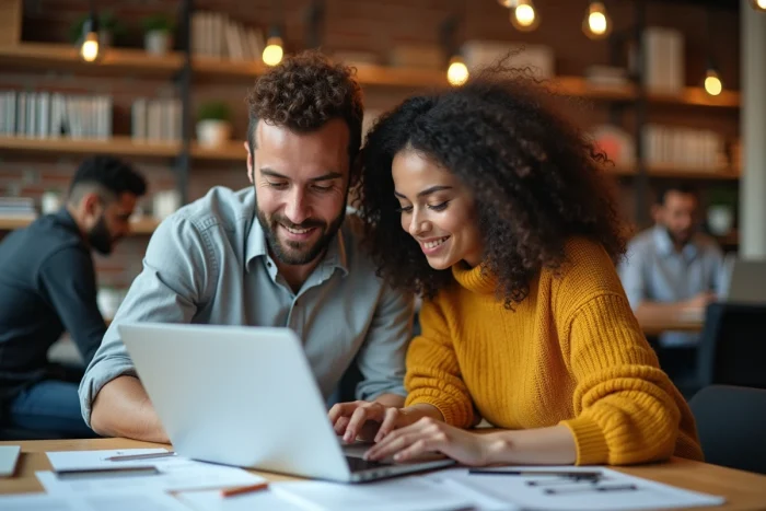 Équipe de développeurs collaborant sur des spécifications techniques de solutions informatiques sur mesure dans un espace de coworking