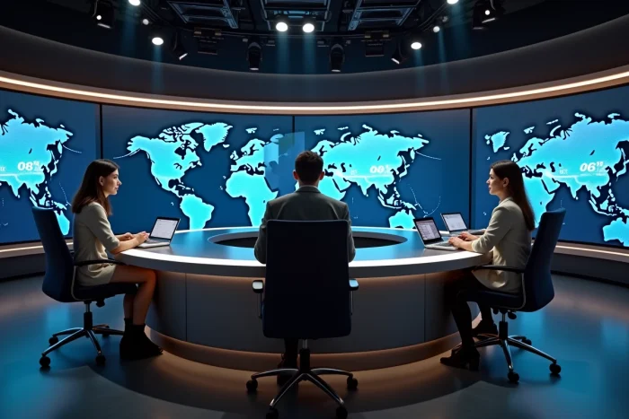 Équipe de journalistes dans un studio de télévision moderne suivant l'actualité internationale en temps réel