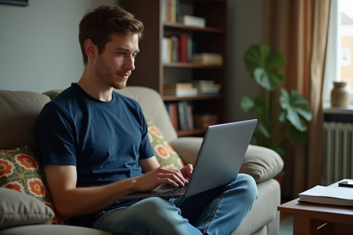 Étudiant installant PowerPoint gratuitement sur son ordinateur portable dans son appartement