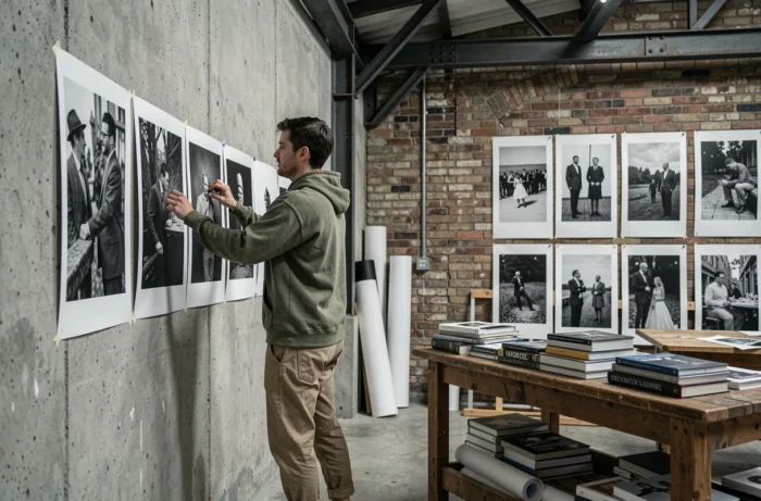 Étudiant en photographie artistique accrochant des tirages noir et blanc dans un studio industriel à Bruxelles