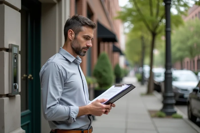Professionnel de l'immobilier évaluant un immeuble locatif en milieu urbain avec des documents de location