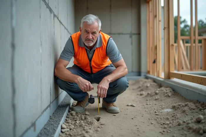 Expert en bâtiment inspectant une fissure structurelle dans une fondation lors d'un sinistre couvert par la dommage ouvrage