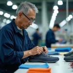 Ouvrier spécialisé cousant la tige d'une chaussure Skechers dans une usine de fabrication moderne en Asie