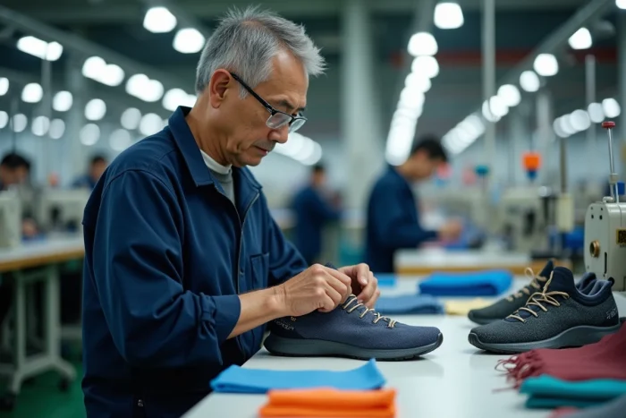 Ouvrier spécialisé cousant la tige d'une chaussure Skechers dans une usine de fabrication moderne en Asie