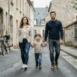 Famille se promenant dans un quartier populaire de Nantes avec des façades en pierre et des tags sur les murs