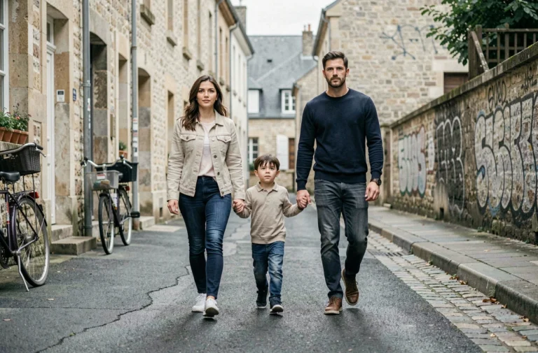 Famille se promenant dans un quartier populaire de Nantes avec des façades en pierre et des tags sur les murs