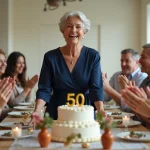 Femme fêtant ses 50 ans entourée de proches autour d'un gâteau d'anniversaire avec bougies dorées
