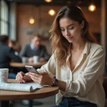 Femme parcourant les actualités de la semaine sur son smartphone dans un café moderne