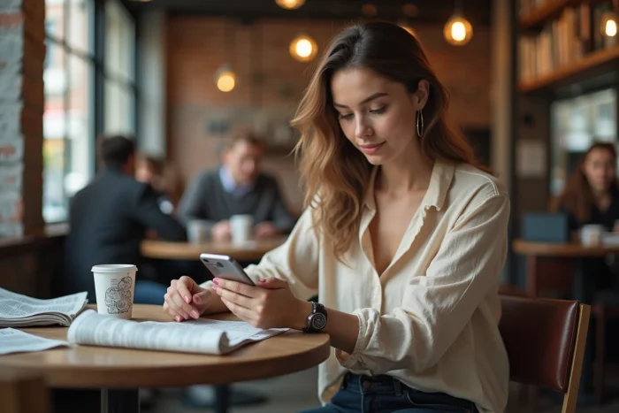 Femme parcourant les actualités de la semaine sur son smartphone dans un café moderne