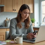 Femme utilisant un smartphone et un ordinateur portable dans une cuisine moderne pour gérer son quotidien numérique
