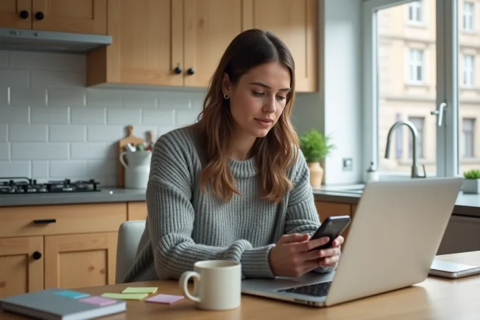 Femme utilisant un smartphone et un ordinateur portable dans une cuisine moderne pour gérer son quotidien numérique