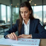 Femme cadre consultant un calendrier de versement de dividendes dans un bureau moderne