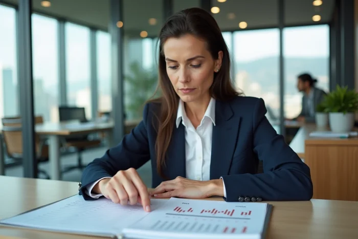 Femme cadre consultant un calendrier de versement de dividendes dans un bureau moderne