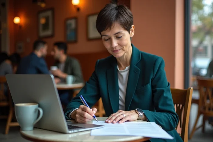 Femme analysant des offres d'emploi imprimées et en ligne dans un café avec ordinateur portable
