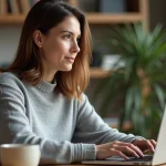 Femme accédant à un chat en ligne sur son ordinateur portable depuis un bureau à domicile