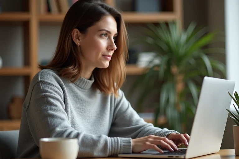 Femme accédant à un chat en ligne sur son ordinateur portable depuis un bureau à domicile