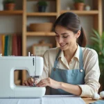 Femme débutante en couture examinant une machine à coudre moderne dans un atelier artisanal à la maison