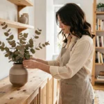 Femme arrangeant des branches d'eucalyptus dans un vase en céramique sur un buffet en bois dans un salon scandinave