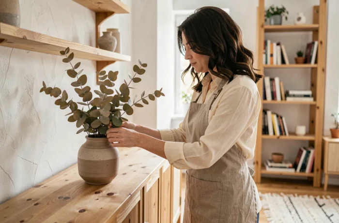 Femme arrangeant des branches d'eucalyptus dans un vase en céramique sur un buffet en bois dans un salon scandinave